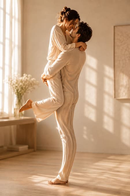 Casal se abraçando, ele a carrega nos braços